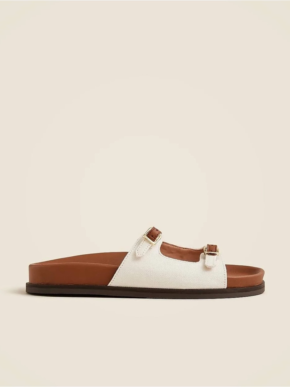 J. Crew Colbie Double Strap Buckle Sandals in Canvas & Leather Ivory/Brown Sz 9 - Picture 2 of 9